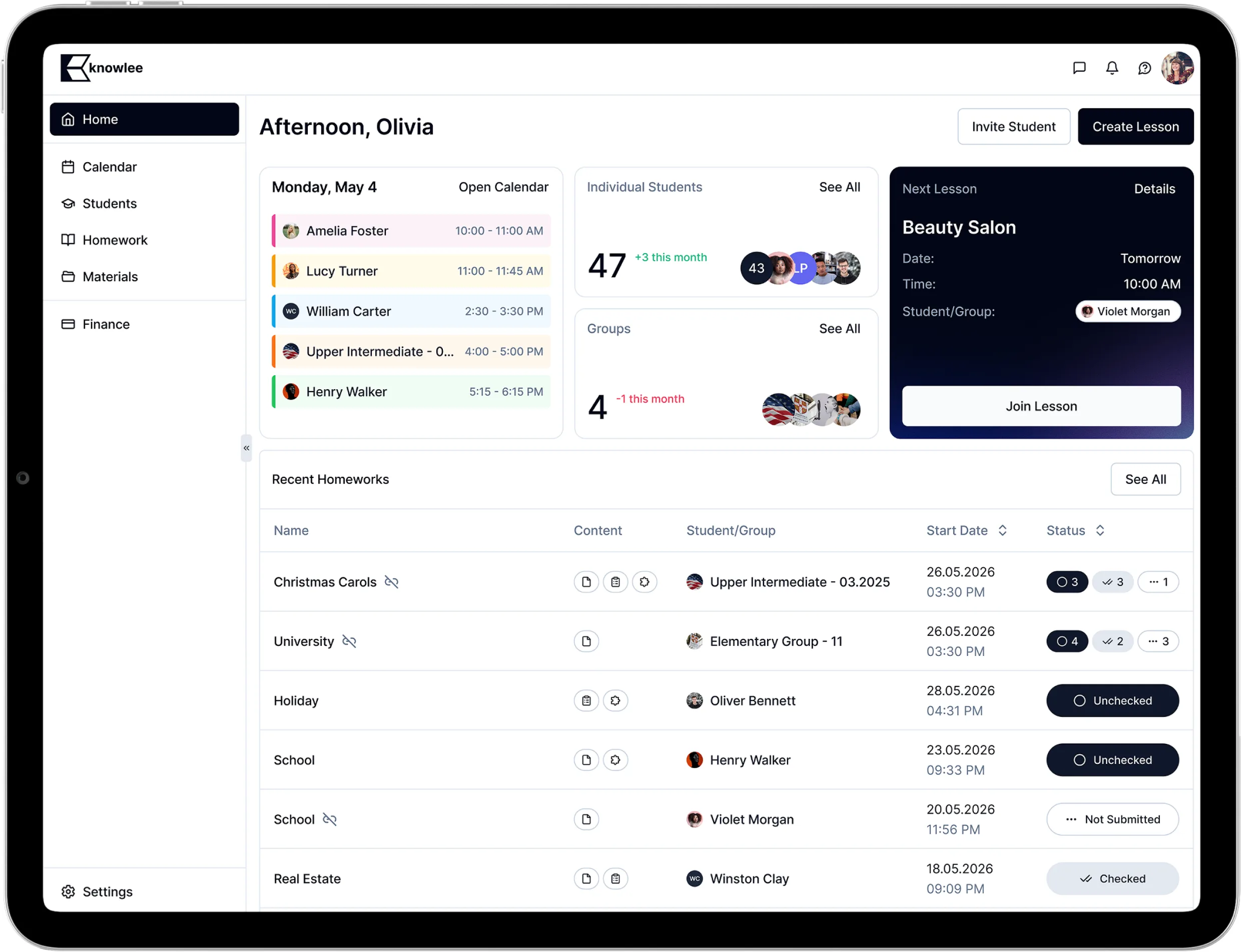 knowlee dashboard showing a tutor's lesson schedule, student list, and video classroom